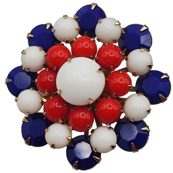 Retro Patriotic Rhinestone Brooch Red White Blue Milk Glass Pin Vintage 1960s - Picture 1 of 5